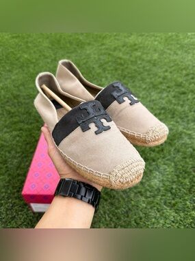 Tory Burch Beige Canvas Espadrilles with Black Logo Band